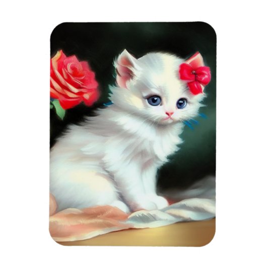 ヴィンテージ白い子猫イラストレーションと赤い花 マグネット (縦)
