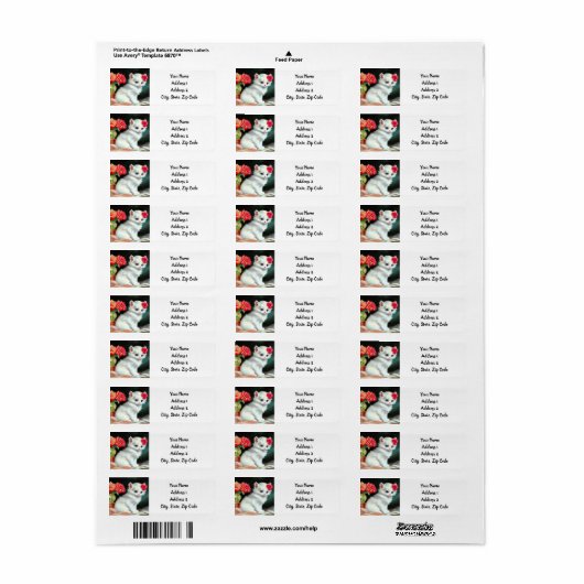 ヴィンテージ白い子猫イラストレーションと赤い花 ラベル (フルシート)