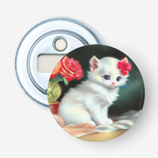 ヴィンテージ白い子猫イラストレーションと赤い花 栓抜き (正面)