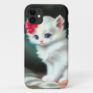 ヴィンテージ白い子猫イラストレーションと赤い花 iPhone 11 ケース