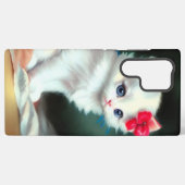 ヴィンテージ白い子猫イラストレーションと赤い花 SAMSUNG GALAXYケース (裏面横)