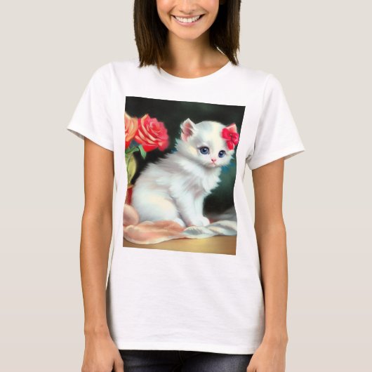 ヴィンテージ白い子猫イラストレーションと赤い花 Tシャツ (正面)