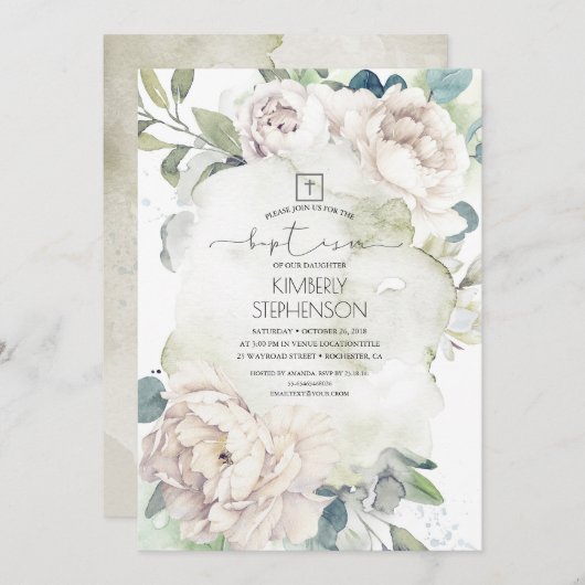 ヴィンテージ白い花と緑の洗礼 招待状 (正面/裏面)