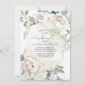 ヴィンテージ白い花と緑の赤ちゃんシャワー 招待状 (正面)