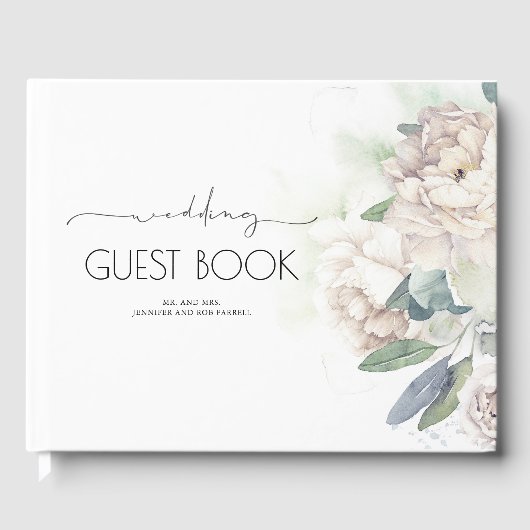 ヴィンテージ白い花の結婚緑 ゲストブック (正面)