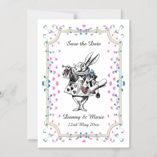 ヴィンテージ白うさぎのアリスが不思議の国の日付に マグネット招待状 (正面)