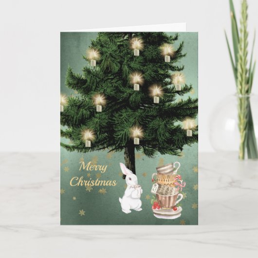 ヴィンテージ白うさぎカップツリークリスマス シーズンカード (正面)