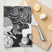 ヴィンテージ白と灰色の花と鳥 キッチンタオル (四つ折り)