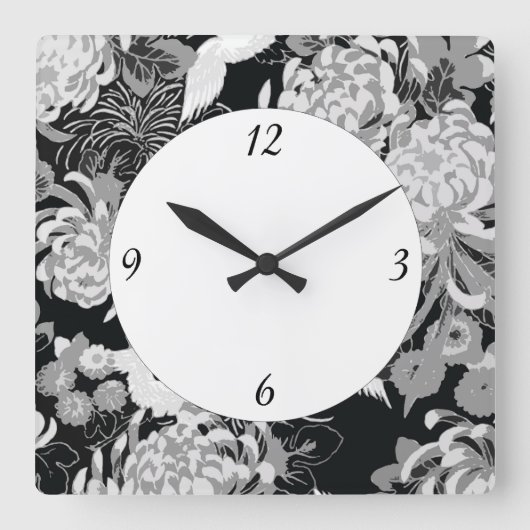 ヴィンテージ白と灰色の花と鳥 スクエア壁時計 (正面)