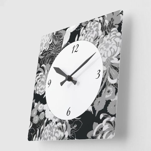 ヴィンテージ白と灰色の花と鳥 スクエア壁時計 (傾斜)