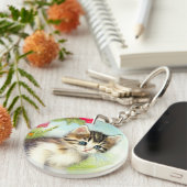 ヴィンテージ白と茶色の子猫と花 キーホルダー (正面右)