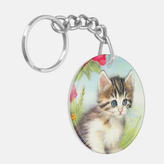 ヴィンテージ白と茶色の子猫と花 キーホルダー (正面左)