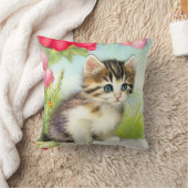 ヴィンテージ白と茶色の子猫と花 クッション (ブランケット)