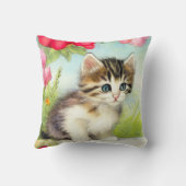 ヴィンテージ白と茶色の子猫と花 クッション (裏面)