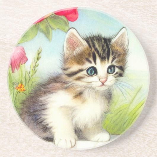 ヴィンテージ白と茶色の子猫と花 コースター (正面)