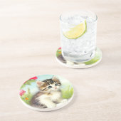 ヴィンテージ白と茶色の子猫と花 コースター (側面)