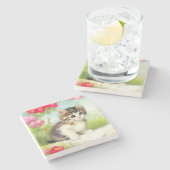 ヴィンテージ白と茶色の子猫と花 ストーンコースター (横)