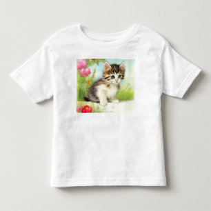 ヴィンテージ白と茶色の子猫と花 トドラーTシャツ