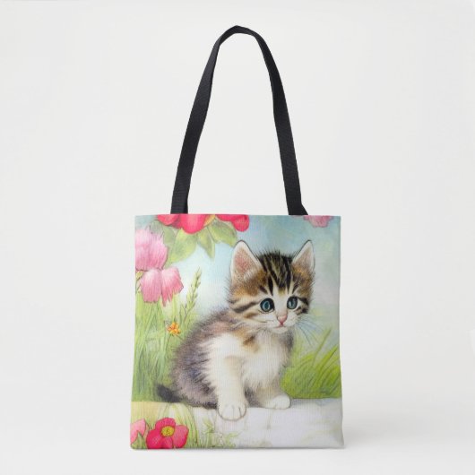 ヴィンテージ白と茶色の子猫と花 トートバッグ (正面)