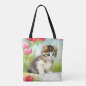 ヴィンテージ白と茶色の子猫と花 トートバッグ (裏面)