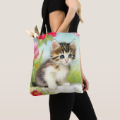 ヴィンテージ白と茶色の子猫と花 トートバッグ (クローズアップ)