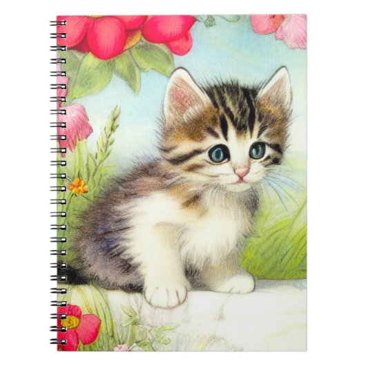ヴィンテージ白と茶色の子猫と花 ノートブック (正面)
