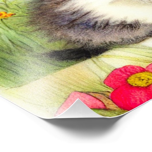 ヴィンテージ白と茶色の子猫と花 フォトプリント (角)