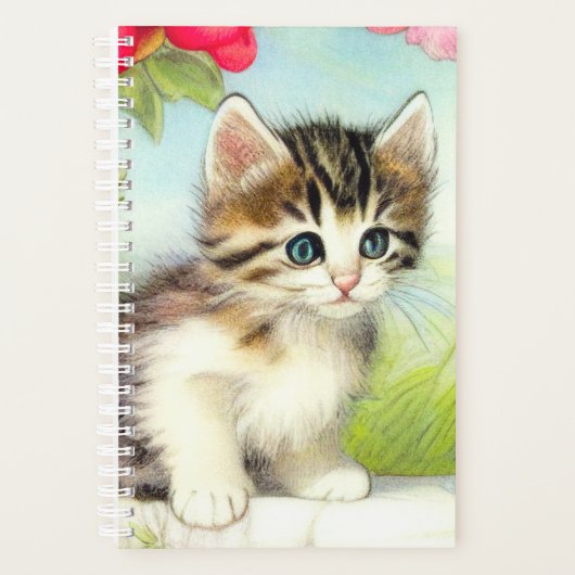 ヴィンテージ白と茶色の子猫と花 プランナー手帳 (正面)