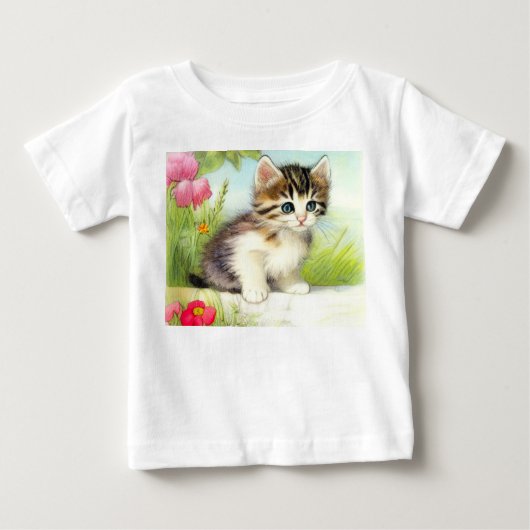 ヴィンテージ白と茶色の子猫と花 ベビーTシャツ (正面)