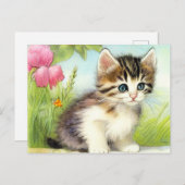 ヴィンテージ白と茶色の子猫と花 ポストカード (正面/裏面)