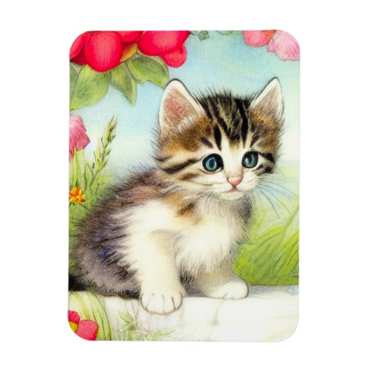 ヴィンテージ白と茶色の子猫と花 マグネット (縦)