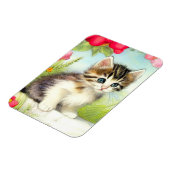 ヴィンテージ白と茶色の子猫と花 マグネット (左側)