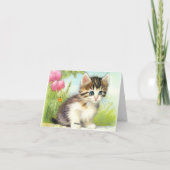 ヴィンテージ白と茶色の子猫と花 招待状 (裏面)