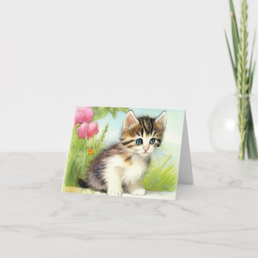 ヴィンテージ白と茶色の子猫と花 招待状 (正面)