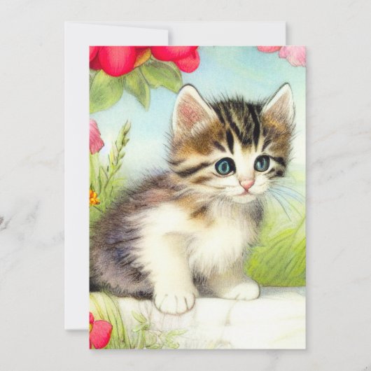 ヴィンテージ白と茶色の子猫と花 招待状 (正面)