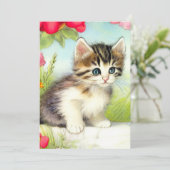 ヴィンテージ白と茶色の子猫と花 招待状 (スタンド正面)