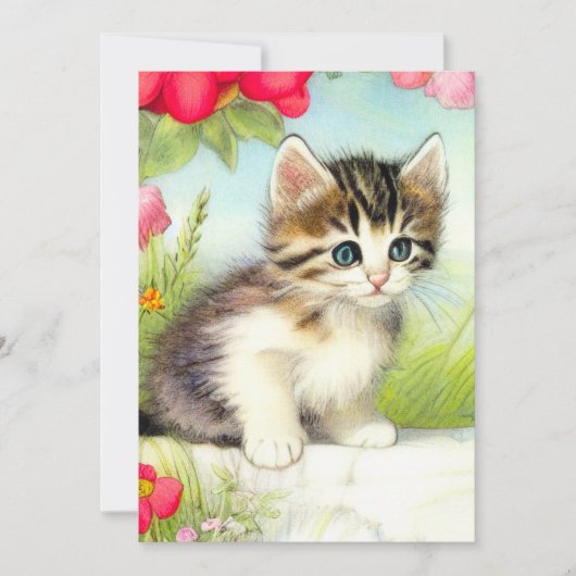ヴィンテージ白と茶色の子猫と花 案内状 (正面)