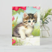 ヴィンテージ白と茶色の子猫と花 案内状 (スタンド正面)