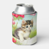 ヴィンテージ白と茶色の子猫と花 缶クーラー (缶正面)