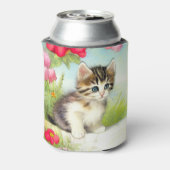 ヴィンテージ白と茶色の子猫と花 缶クーラー (缶裏面)