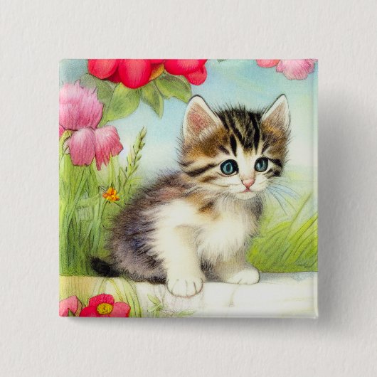 ヴィンテージ白と茶色の子猫と花 缶バッジ (正面)