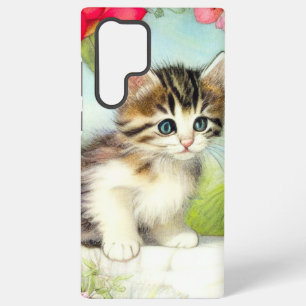 ヴィンテージ白と茶色の子猫と花 SAMSUNG GALAXY S22 ULTRAケース