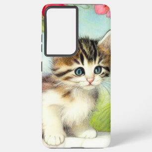 ヴィンテージ白と茶色の子猫と花 SAMSUNG GALAXY S21 ULTRAケース