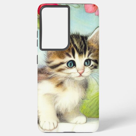 ヴィンテージ白と茶色の子猫と花 SAMSUNG GALAXYケース (裏面)