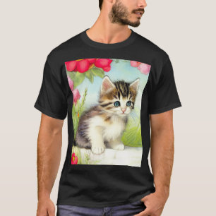 ヴィンテージ白と茶色の子猫と花 Tシャツ