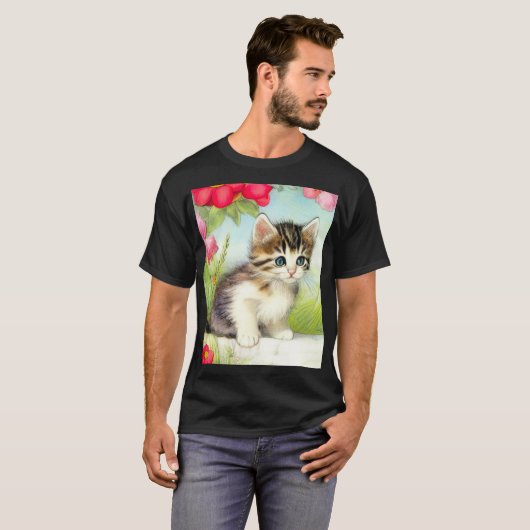 ヴィンテージ白と茶色の子猫と花 Tシャツ (正面フル)