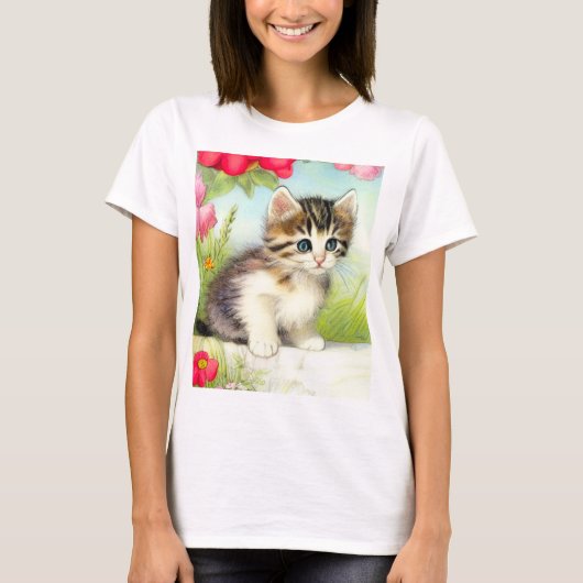 ヴィンテージ白と茶色の子猫と花 Tシャツ (正面)