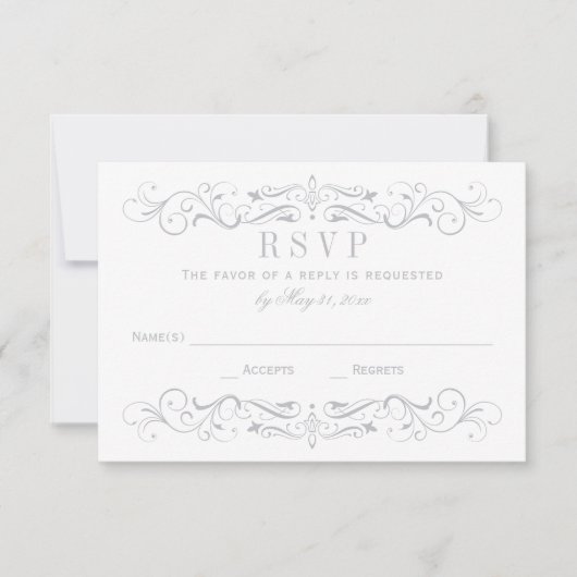 ヴィンテージ白と銀の灰色の花色結婚の 出欠カード (正面)