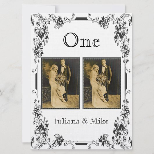 ヴィンテージ白と黒のフォトテーブル番号 招待状 (正面)