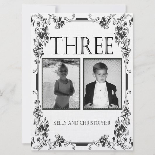 ヴィンテージ白と黒の写真テーブル番号3 招待状 (裏面)